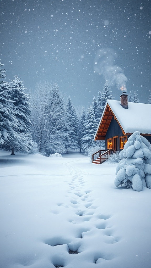 A tranquil winter scene with snow-covered trees and a cozy cabin, embodying the essence of a white Christmas.